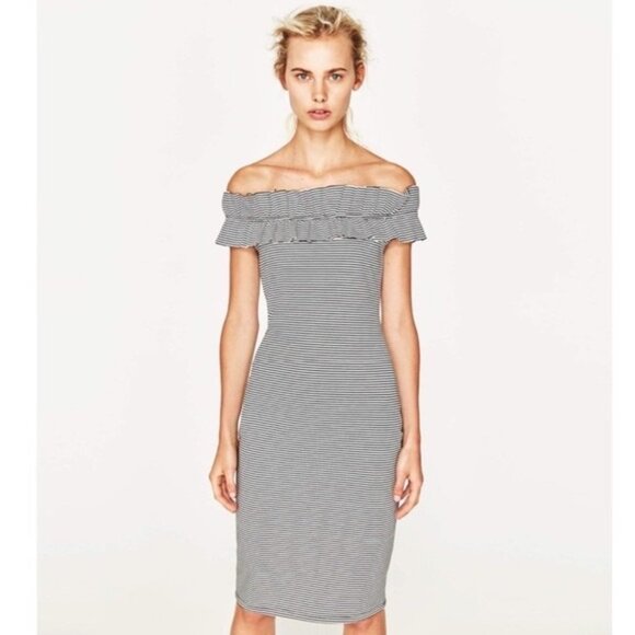 Zara Trafaluc NWT ruffle off shoulder black  and white striped bodycon dress SP - Picture 1 of 16